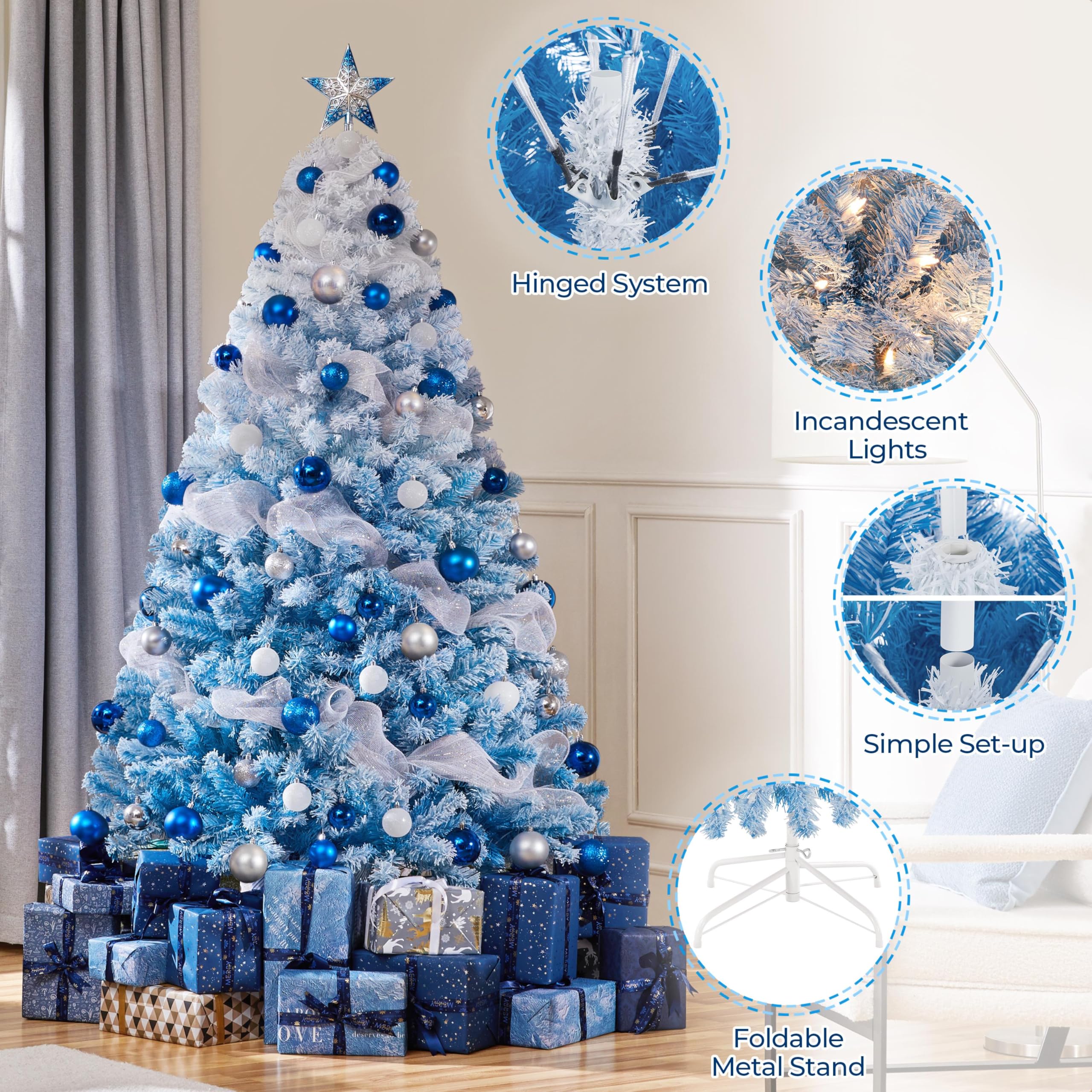 Yaheetech 6ft Pre-lit Artificial Christmas Tree with 250 Incandescent Warm White Lights, Snow Flocked Full Prelighted Xmas Tree